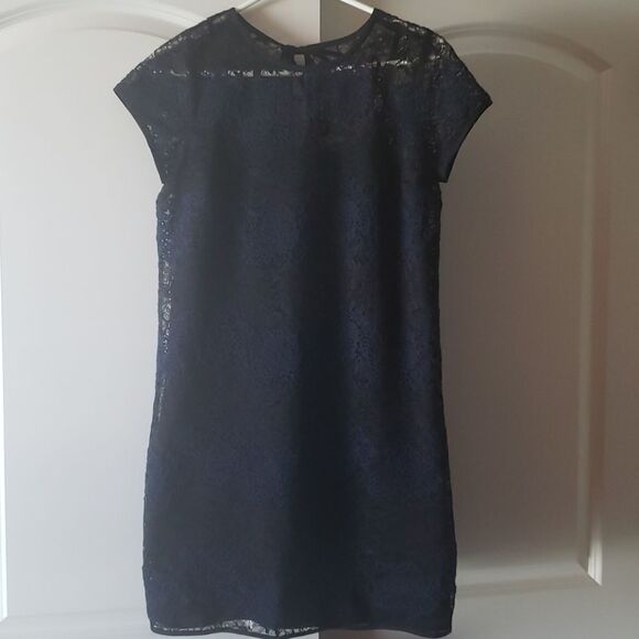 Loft Womens Black and Navy Lace Overlay Shift Mini Dress Size 4 - Picture 1 of 5
